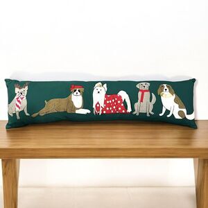Embroidered Holiday Multi Breed Dogs Long Stitched Lumbar Pillow 35”L x 10"